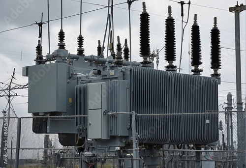 A transformer at an electrical substation. Transmission of electricity.