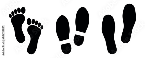 Footprints and Shoe Prints Silhouettes vector illustration isolated on white background.