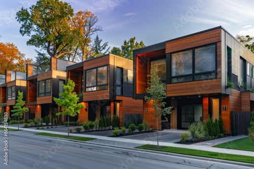 Step into a world of architectural excellence with a lineup of modern modular townhouses boasting exquisite wooden cladding.
