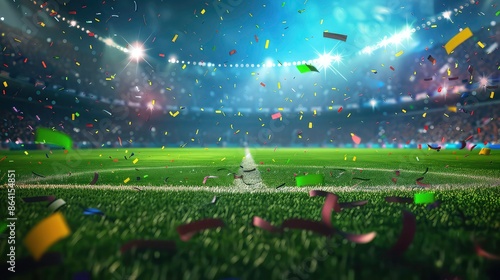 evening background Sport field. expecting Grand professional illustration. building full 3D match confetti spectators grass stadium rugby football american soccer baseball cricket lig.