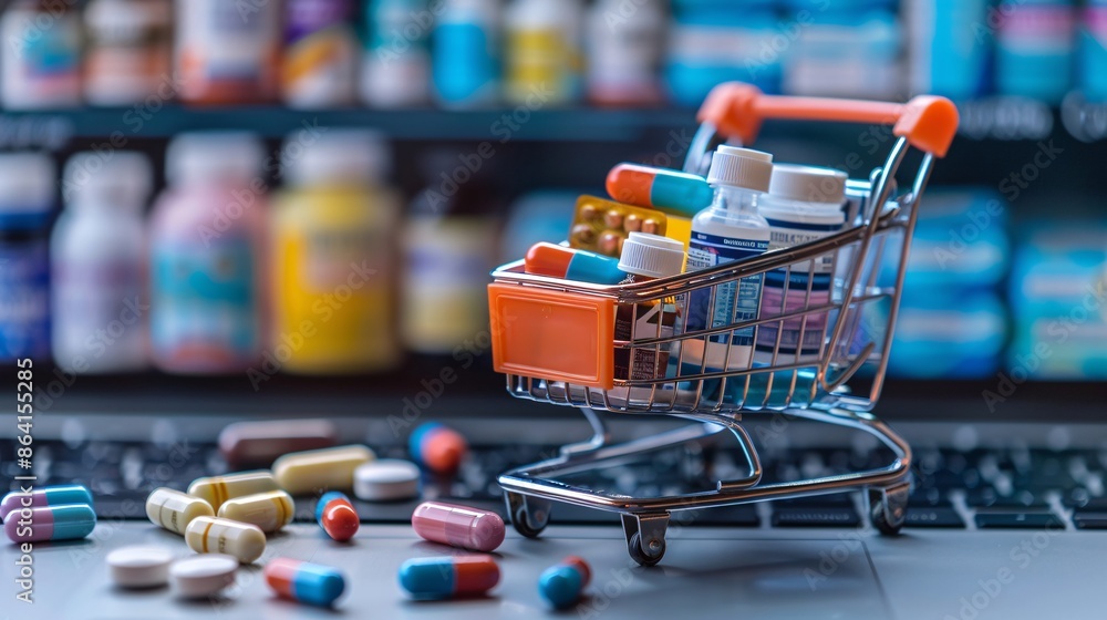 Online ordering medicines concept with shopping cart Online ordering medicines concept with shopping cart