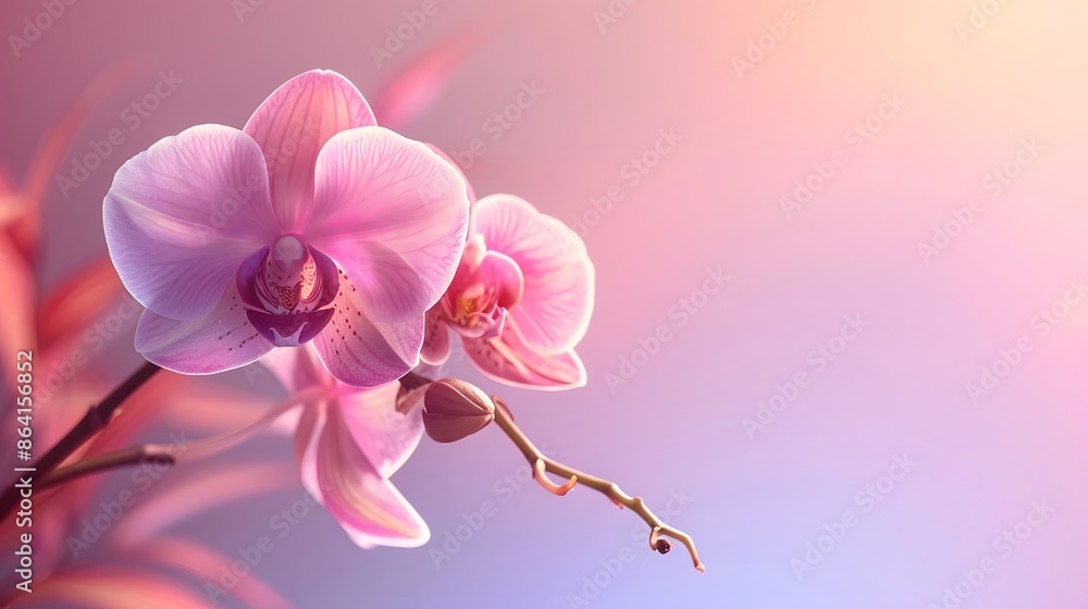 A single, elegant orchid bloom centered on a soft pastel background, perfect for serene settings. Digital banner layout with extensive empty space to the right. A single, elegant orchid bloom centered on a soft pastel background, perfect for serene settings. Digital banner layout with extensive empty space to the right.