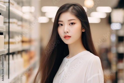 A young Asian woman with long, dark hair. blurred background. Beauty industry professional, elegance, beauty products, serene expression