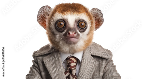 cute sow loris in suit and tie isolated on white background, working animals