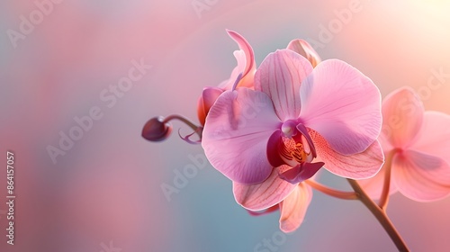 A single, elegant orchid bloom centered on a soft pastel background, perfect for serene settings. Digital banner layout with extensive empty space to the right.