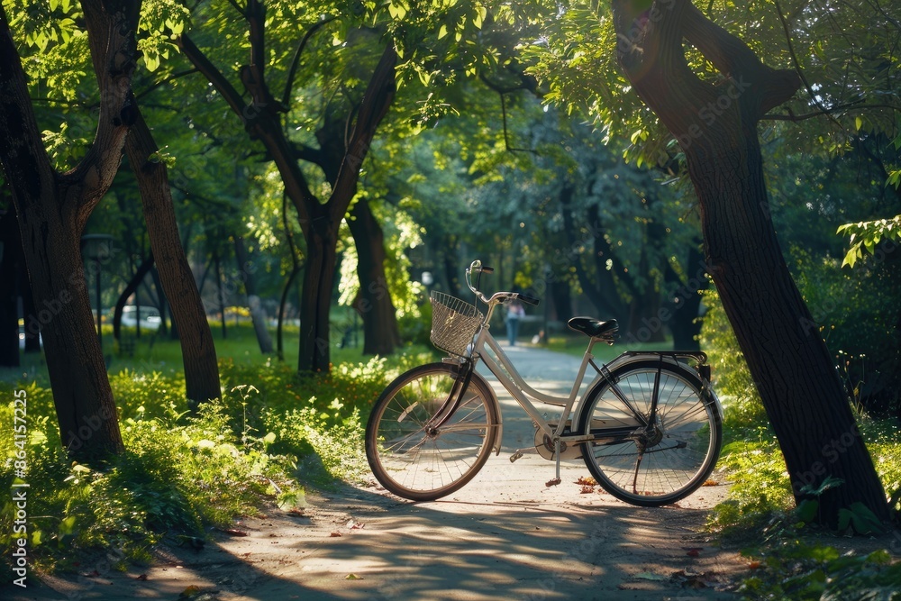 Fototapeta premium Bicycle in shade of trees with dense foliage in sun-drenched urban natural spring summer park