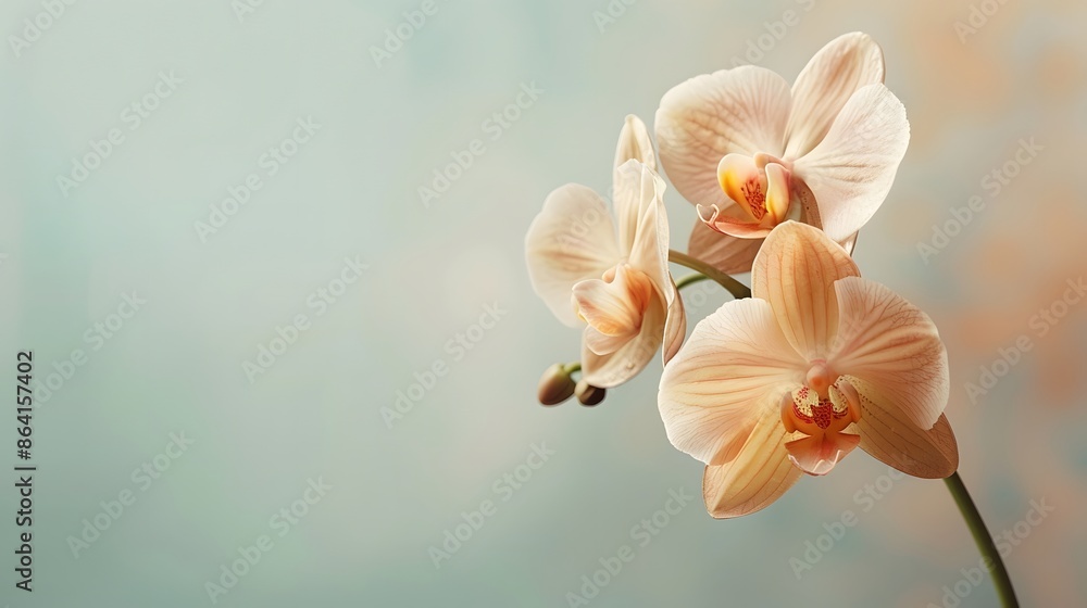 A single, elegant orchid bloom centered on a soft pastel background, perfect for serene settings. Digital banner layout with extensive empty space to the right.