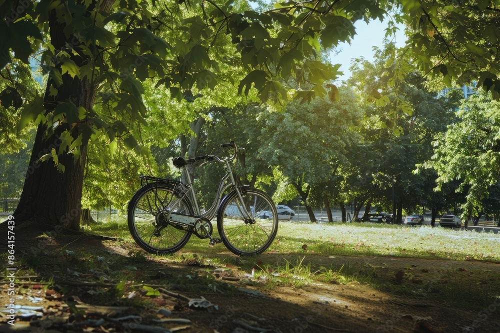 Bicycle in shade of trees with dense foliage in sun-drenched urban natural spring summer park Bicycle in shade of trees with dense foliage in sun-drenched urban natural spring summer park