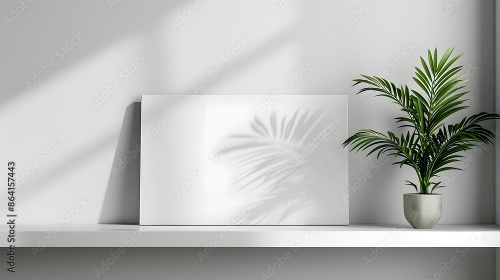 A sleek, horizontal blank canvas mockup resting on a clean white shelf, complemented by a modern, green potted plant beside it. A sleek, horizontal blank canvas mockup resting on a clean white shelf, complemented by a modern, green potted plant beside it.