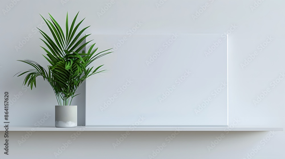 A sleek, horizontal blank canvas mockup resting on a clean white shelf, complemented by a modern, green potted plant beside it. A sleek, horizontal blank canvas mockup resting on a clean white shelf, complemented by a modern, green potted plant beside it.