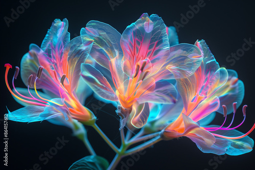 Vibrant neon glowing flowers with intricate patterns and bright colors, set against a dark background, creating a mesmerizing abstract artwork. © Ron Dale