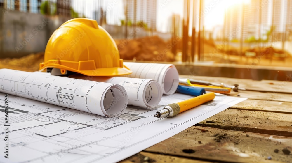 Construction site with a yellow hard hat, blueprints, and tools on a wooden surface, with a blurred background of buildings under construction. Construction site with a yellow hard hat, blueprints, and tools on a wooden surface, with a blurred background of buildings under construction.