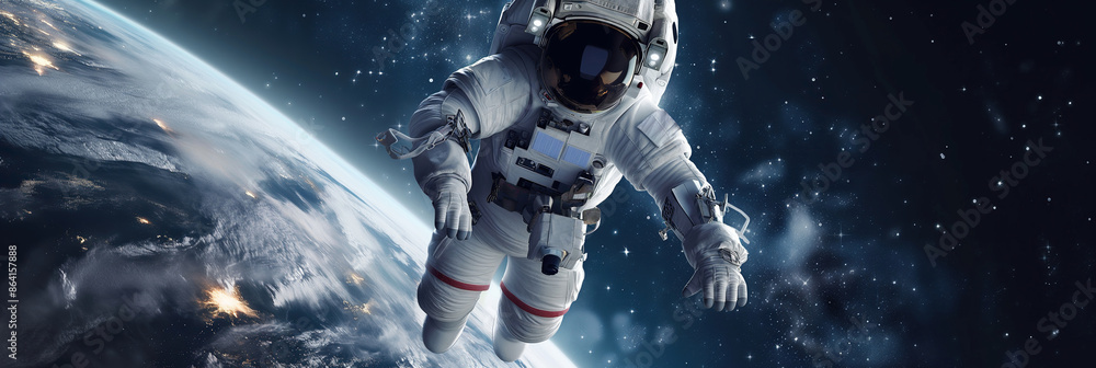 astronaut floating in space, earth on background, space suit with helmet and visor, arms outstretched astronaut floating in space, earth on background, space suit with helmet and visor, arms outstretched