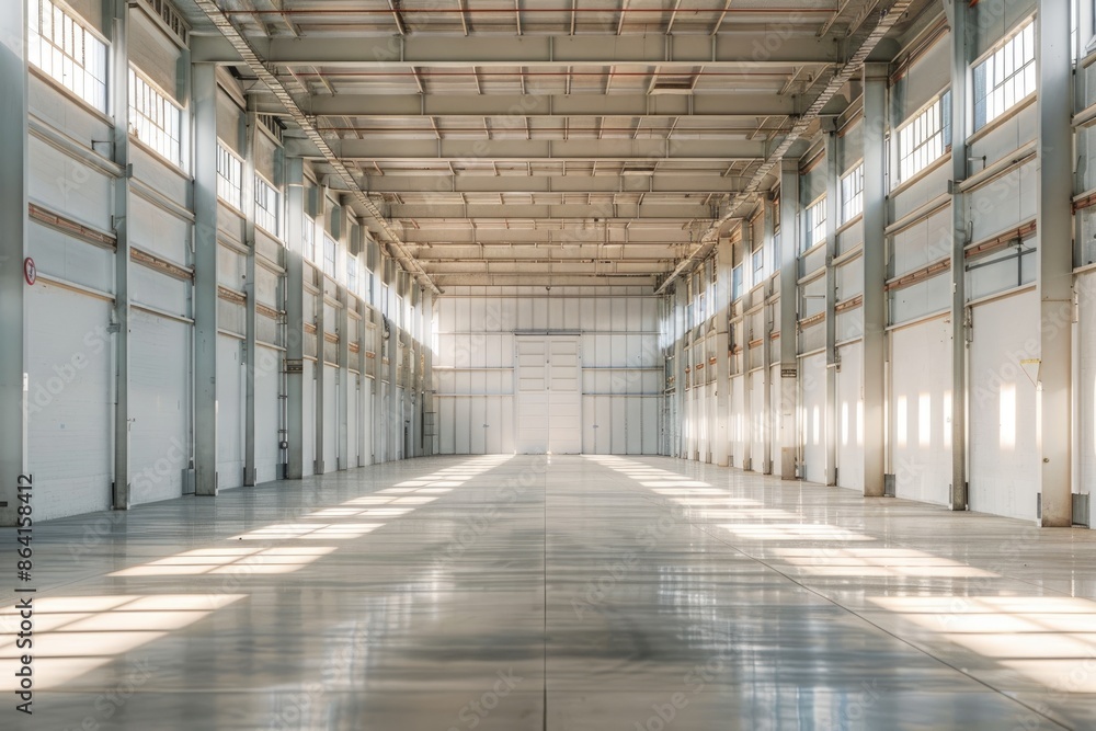 Empty modern white warehouse with a spacious interior and clean white background Empty modern white warehouse with a spacious interior and clean white background