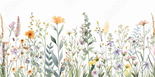 A watercolor isolated element set of wild flowers in a field. Illustration of green leaves and colorful plants. Stationery, wallpapers, fashion, backgrounds, textures. Wildflowers.