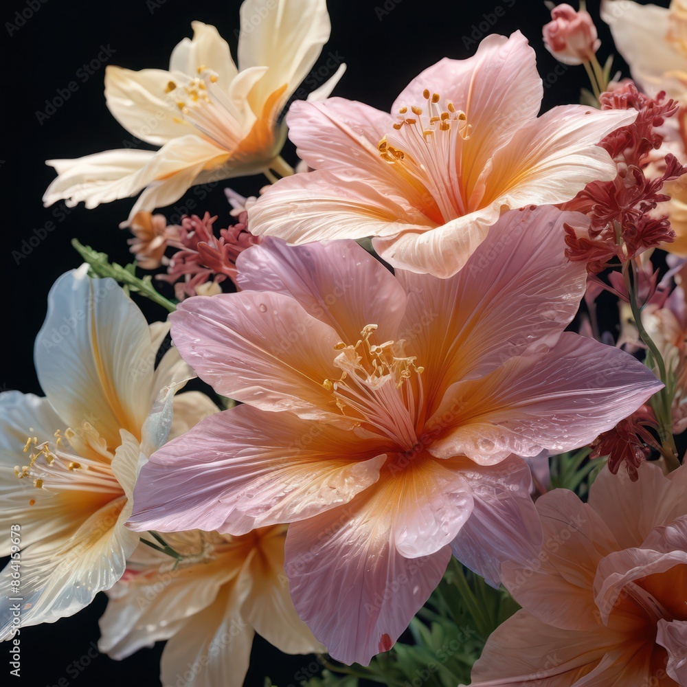 Fototapeta premium Delicate Pink and Yellow Flowers with Water Droplets.