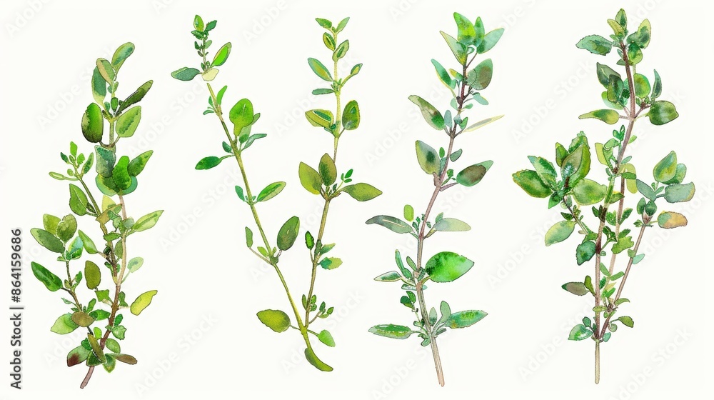 This set of three intricate watercolor thyme sprig leaves has been created by stock This set of three intricate watercolor thyme sprig leaves has been created by stock
