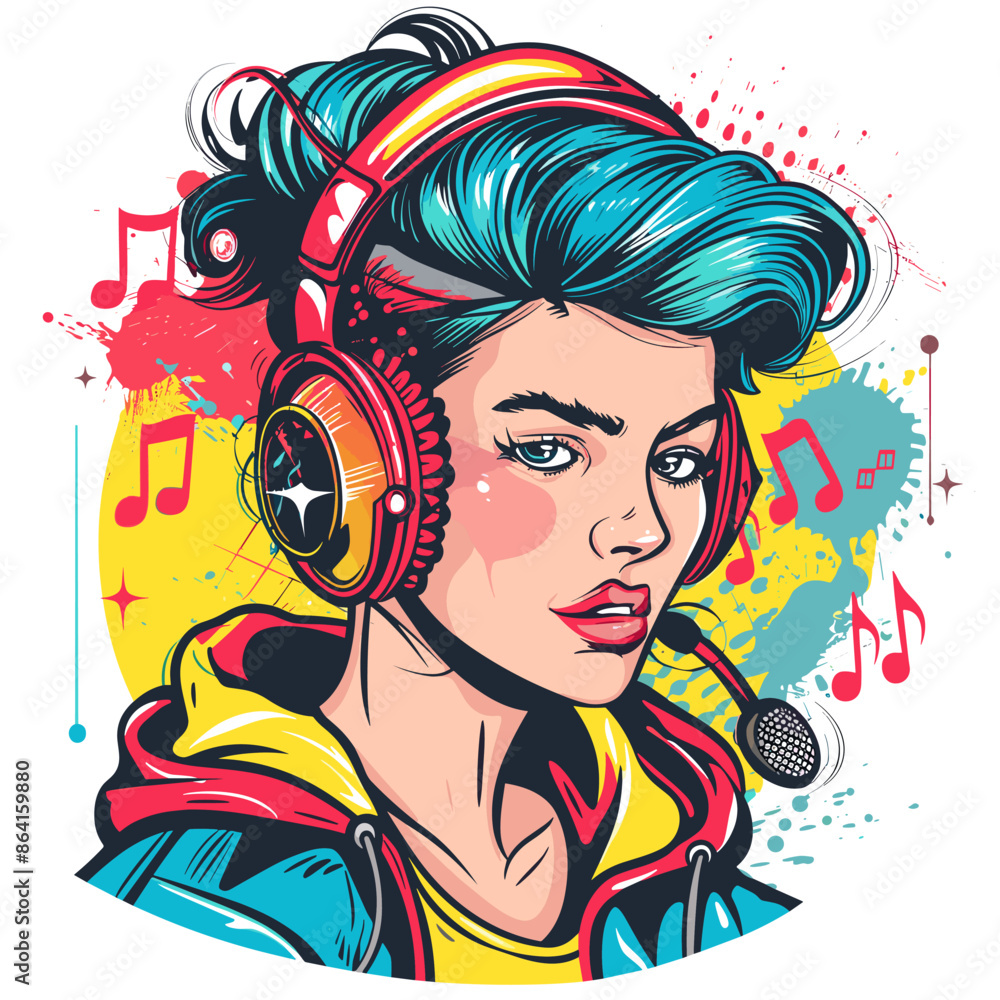 Fashion girl with headphones and music notes. Vector illustration in retro style. Fashion girl with headphones and music notes. Vector illustration in retro style.