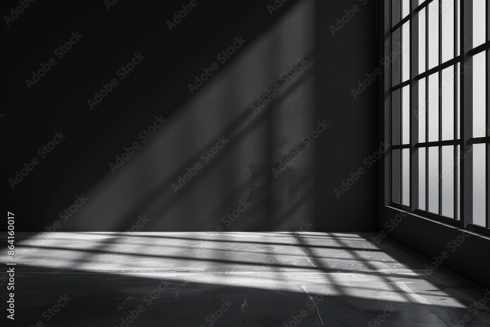 Black wall and smooth floor with beautiful window shadow and sun glare. Universal background for product presentation. Black wall and smooth floor with beautiful window shadow and sun glare. Universal background for product presentation.