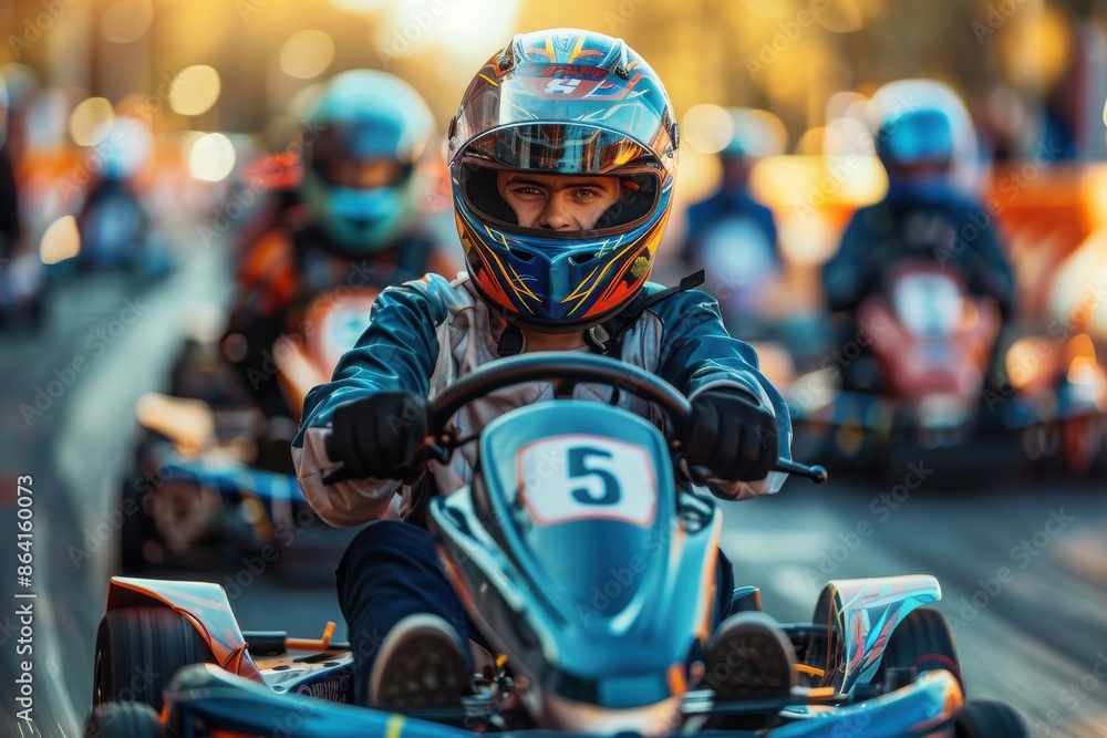 A man in a blue helmet is driving a kart circuit A man in a blue helmet is driving a kart circuit