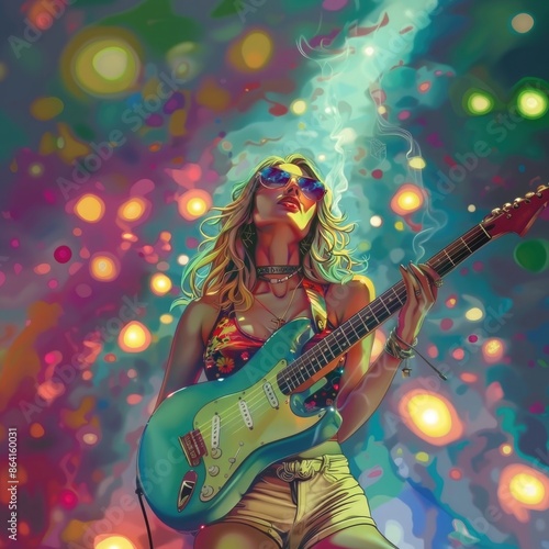 Diseño gráficos de mujer músico guitarrista, arte pop colorido.