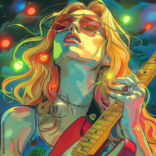 Diseño gráficos de mujer músico guitarrista, arte pop colorido.