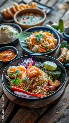 bowls of thai food with shrim and vegetables