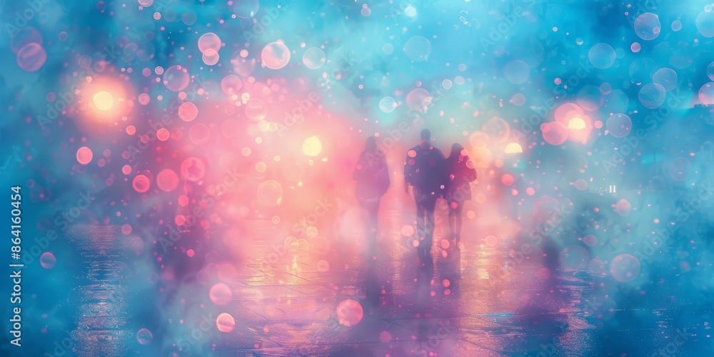 Obraz premium Abstract background with overlay images of people and city in cool blue and pink tones