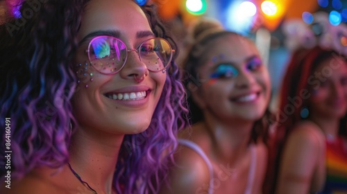 LGTBIQ +, mujer joven y bella con el pelo de colores en una fiesta gay, progresismo y modernidad en la juventud.