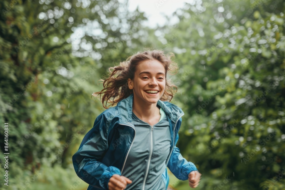 A happy woman jogging in a park, captured from a dynamic low angle that highlights her energetic stride and joyful expression. A happy woman jogging in a park, captured from a dynamic low angle that highlights her energetic stride and joyful expression.