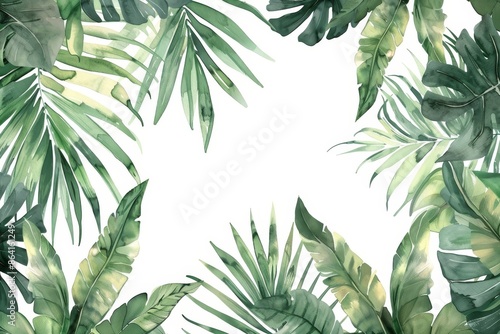 The frame is painted in watercolor with tropical leaves and jungle plants isolated on white with copy space for text