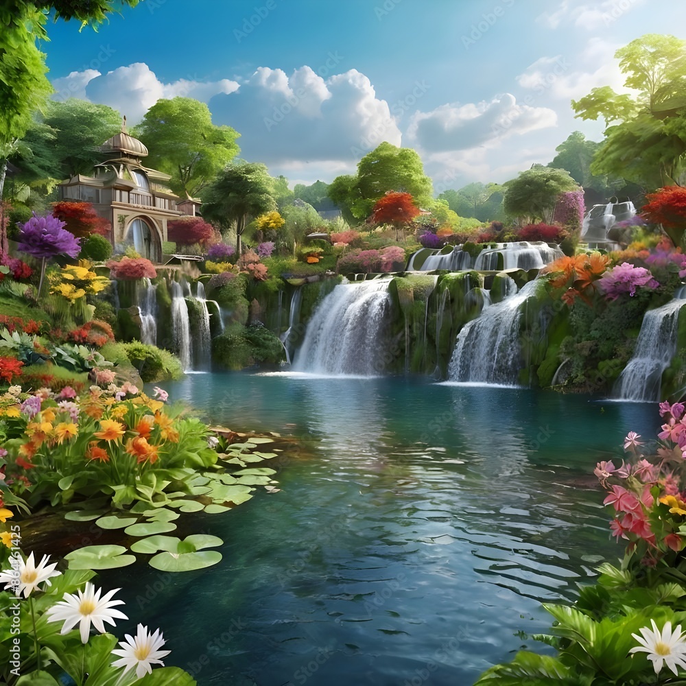 Fototapeta premium A beautiful paradise land full of flowers, rivers and waterfalls