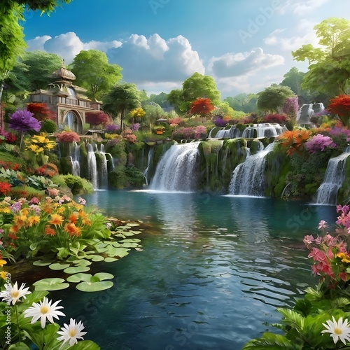 A beautiful paradise land full of flowers, rivers and waterfalls