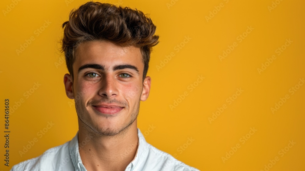 Close-up of a charismatic young man presenter in a headshot against a solid color background, radiating confidence and credibility Close-up of a charismatic young man presenter in a headshot against a solid color background, radiating confidence and credibility