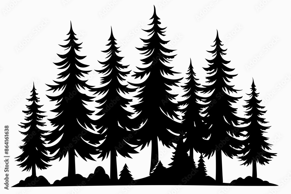 Obraz premium Pine tree silhouettes, Fir trees silhouette. Evergreen forest firs and spruces black shapes, wild nature trees templates. Vector illustration woodland trees set on white background