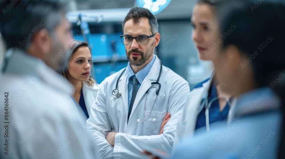 A dynamic angle raw photo of a doctor in a hospital setting, engaged in discussion with colleagues, portraying teamwork and expertise in healthcare A dynamic angle raw photo of a doctor in a hospital setting, engaged in discussion with colleagues, portraying teamwork and expertise in healthcare