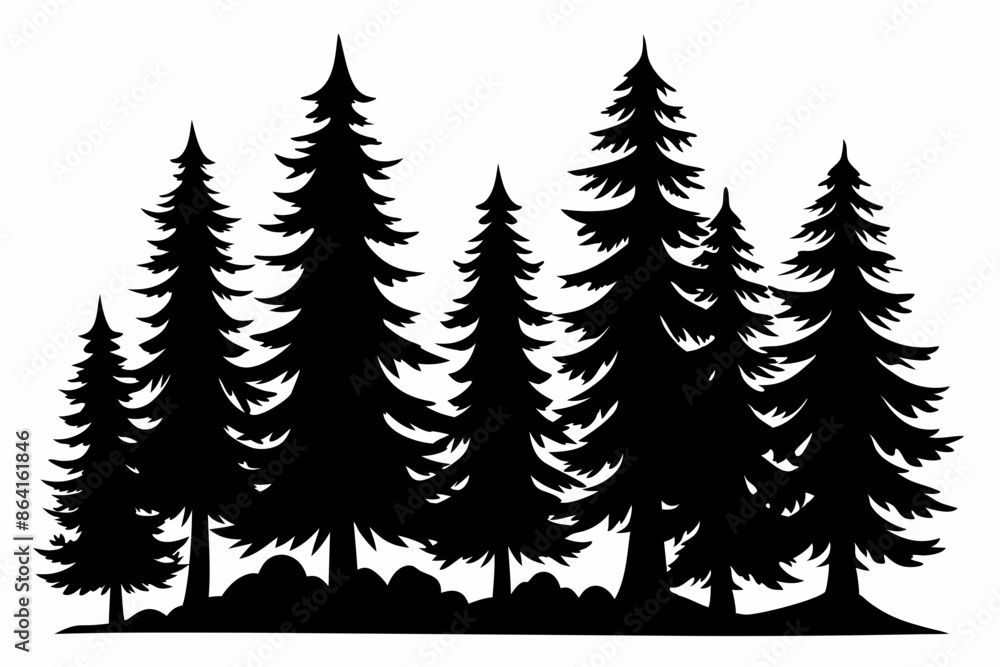 Pine tree silhouettes, Fir trees silhouette. Evergreen forest firs and spruces black shapes, wild nature trees templates. Vector illustration woodland trees set on white background Pine tree silhouettes, Fir trees silhouette. Evergreen forest firs and spruces black shapes, wild nature trees templates. Vector illustration woodland trees set on white background