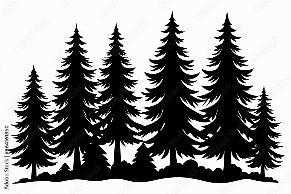 Obraz premium Pine tree silhouettes, Fir trees silhouette. Evergreen forest firs and spruces black shapes, wild nature trees templates. Vector illustration woodland trees set on white background