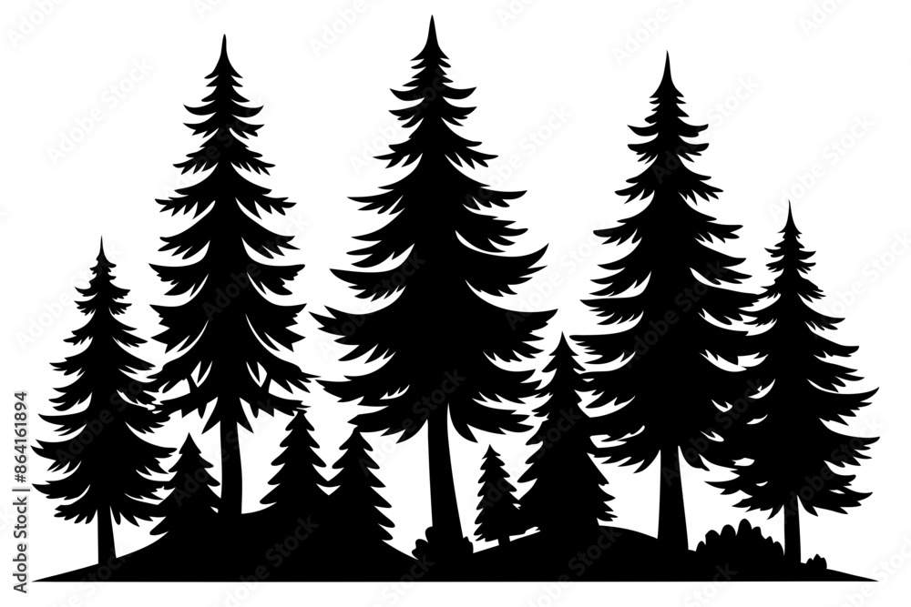 Fototapeta premium Pine tree silhouettes, Fir trees silhouette. Evergreen forest firs and spruces black shapes, wild nature trees templates. Vector illustration woodland trees set on white background