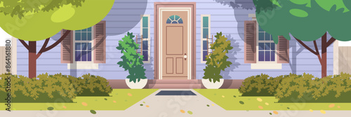 House facade front view scene. Entrance to home flat vector illustration