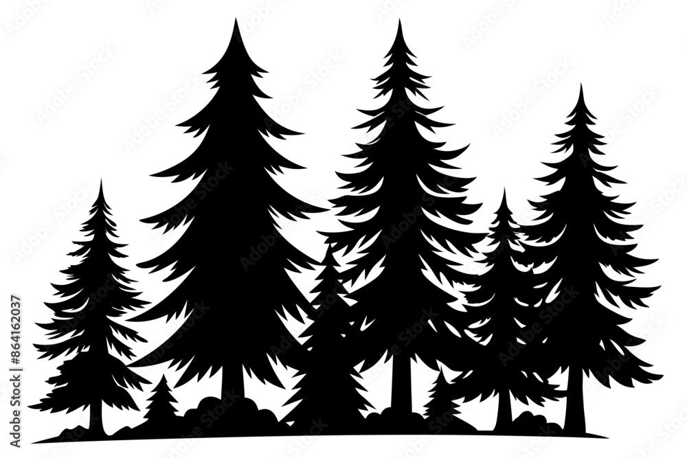 Obraz premium Pine tree silhouettes, Fir trees silhouette. Evergreen forest firs and spruces black shapes, wild nature trees templates. Vector illustration woodland trees set on white background