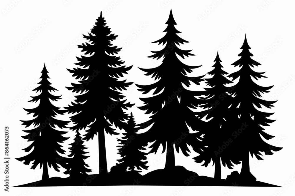 Obraz premium Pine tree silhouettes, Fir trees silhouette. Evergreen forest firs and spruces black shapes, wild nature trees templates. Vector illustration woodland trees set on white background