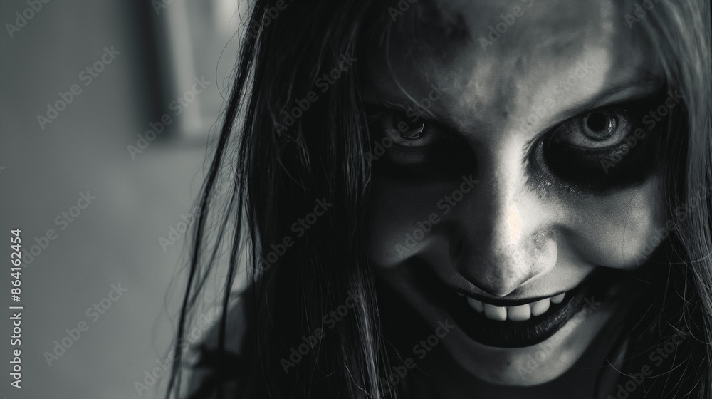 A girl with a strange and scary smile. Scene for a horror movie. Ghost, or a mentally ill girl with bright eyes. Scary story. A girl with a strange and scary smile. Scene for a horror movie. Ghost, or a mentally ill girl with bright eyes. Scary story.
