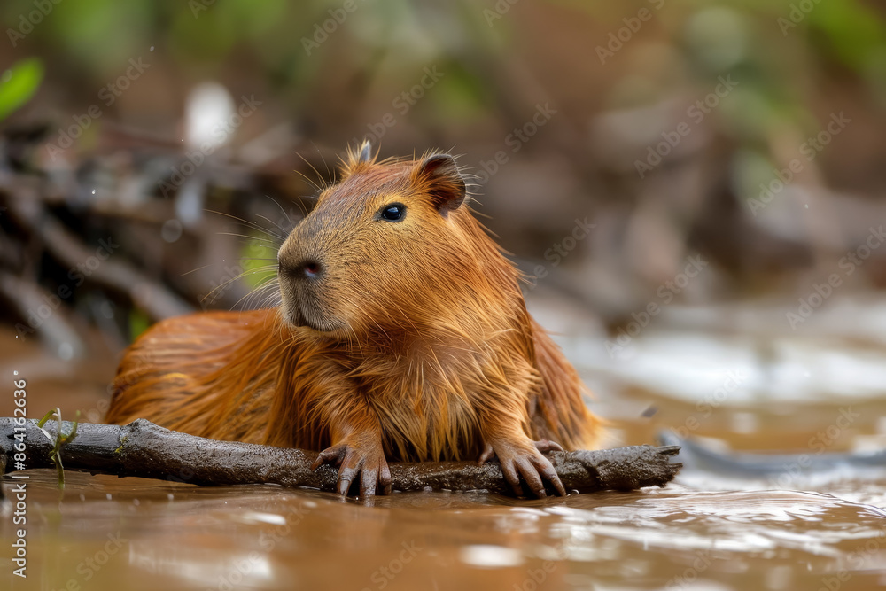 Close-up of a capybara in its natural habitat, standing in shallow water surrounded by lush vegetation. Close-up of a capybara in its natural habitat, standing in shallow water surrounded by lush vegetation.