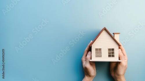 Hand holding a house model against a solid blue background with ample copy space on the right side