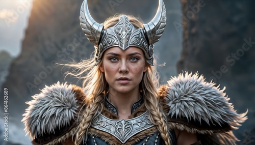 Viking warrior Freya goddess of Norse mythology as a shieldmaiden in armor and helmet photo