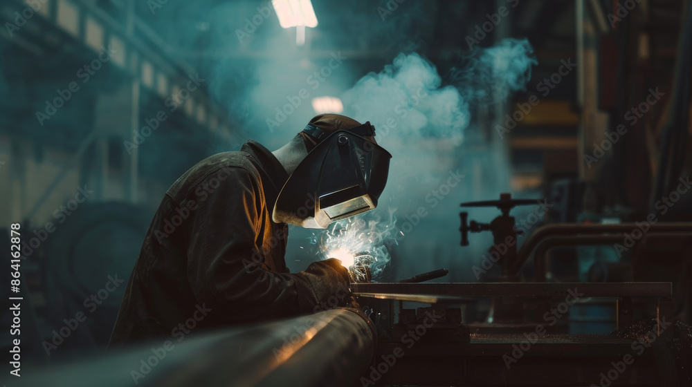 Fototapeta premium A welder wears a mask and works on a pipe in a dim workshop. Smoke from the welding process fills the air, creating an obscured view of the welder's face.