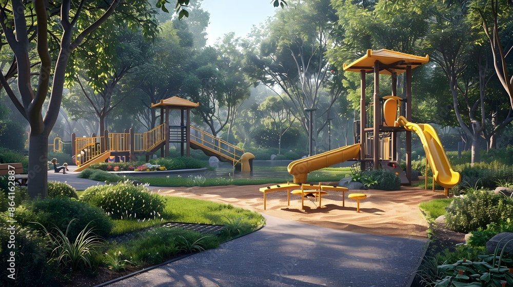 A yellow playground equipment in the middle of an outdoor park with trees and green grass, a small bridge over water on one side, and other play structures behind it. A yellow playground equipment in the middle of an outdoor park with trees and green grass, a small bridge over water on one side, and other play structures behind it.