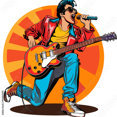Vector illustration of a young man playing the electric guitar on an orange background.