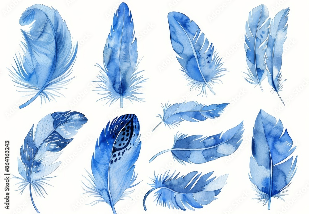 An illustration of a hand-drawn watercolor feather set in the boho style. An illustration of a hand-drawn watercolor feather set in the boho style.